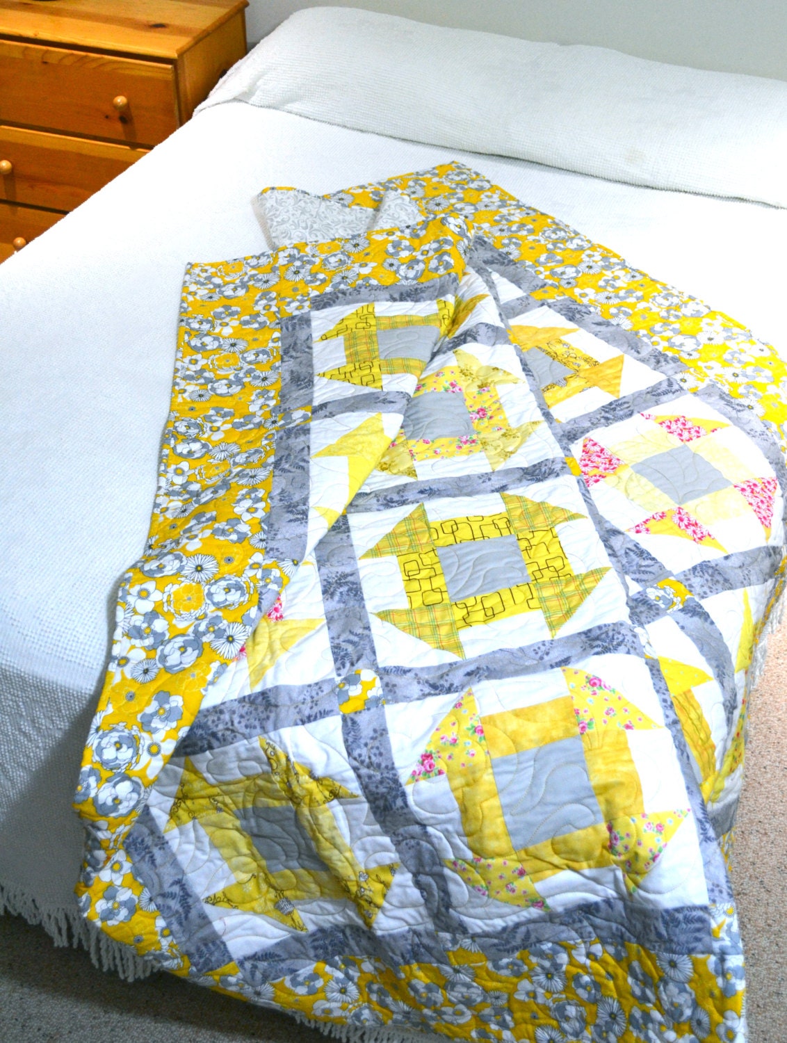 Twin Patchwork Quilt, Yellow Gray Quilt, Modern Quilt, Lap Quilt