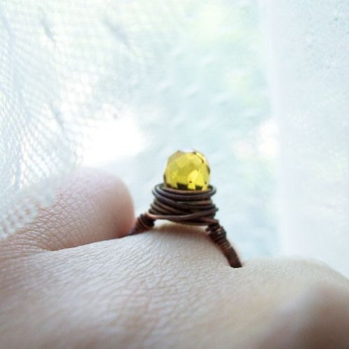 golden quartz ring - wire wrapped rustic copper stacking ring with yellow quartz