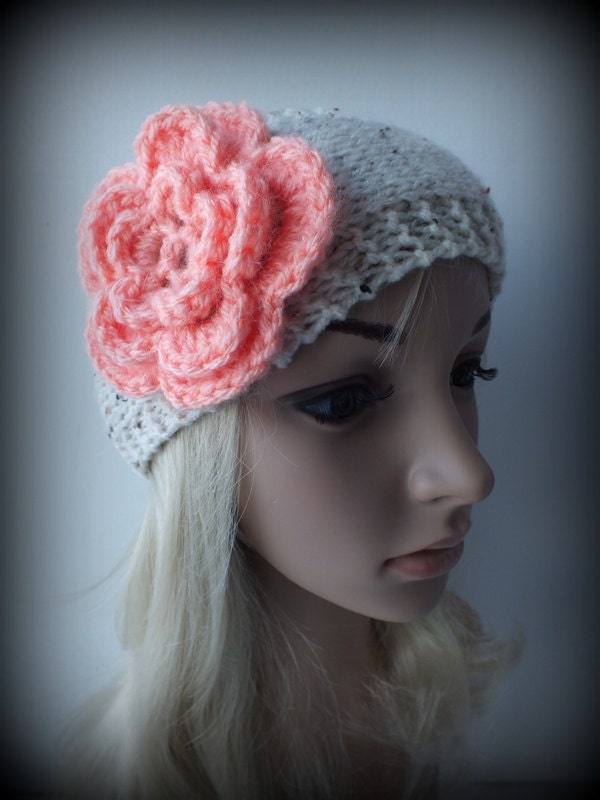 Handmade Knitted Headband,  Headwrap, Earwarmer In Cream Tweed Color With Crochet Flower Fall, Autumn,Winter Accessorie