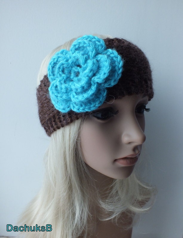 Handmade Dark Brown Knitted Headband,  Headwrap, Earwarmer With Crochet Flower In Blue Color Fall, Autumn,Winter Accessories