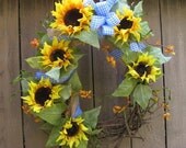 Summer Sunflower Wreath, Door Wreath, Grapevine Wreath, Floral Wreath, Yellow Wreath, Summer Wreath for Front Door