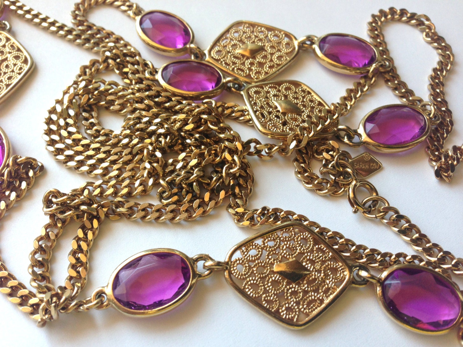 Long Purple & Gold Sarah Coventry Chain with Filigree pieces - heavy weight - signed - Lavender and Lace - lavender n' lace - bezel