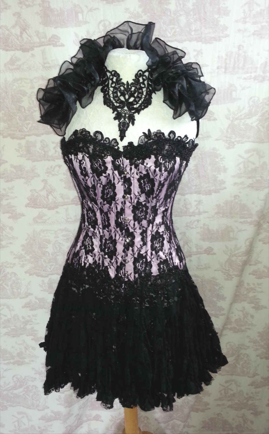 Burlesque 28 inch waist  Corset and  Skirt  and shrug set  Costume  By Gothic Burlesque