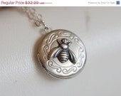 ON SALE Bee locket necklace,Locket,Silver Plated locket,Sterling Silver chain,Bridesmaid Necklace,Wedding Necklace,Valentines Day Necklace