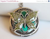 ON SALE Butterfly Silver Locket,Green Locket,Moss Green,filigree locket necklace,photo locket,vintage locket,Wedding Necklace,bridesmaid ne