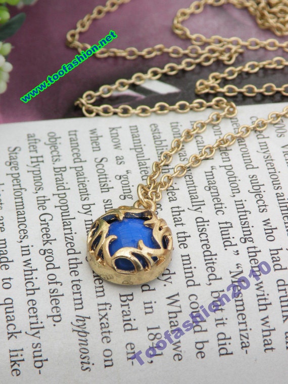 SALE Pretty retro gold blue fire necklace pendant jewelry punk style