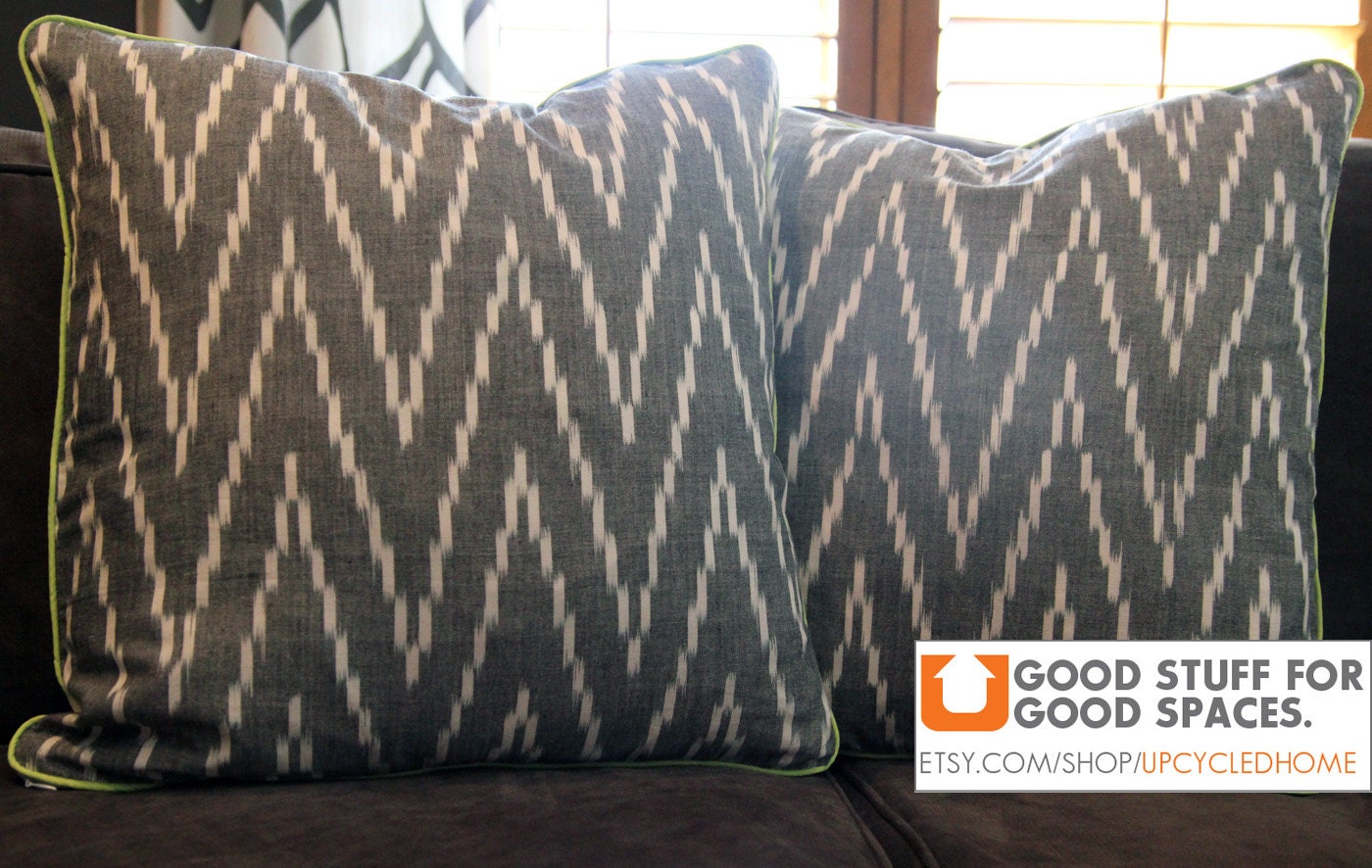 READY TO SHIP - Pair of 20 x 20" Designer Pillow Cover - Schumacher Kasari Ikat in Graphite with Lime Green Trim