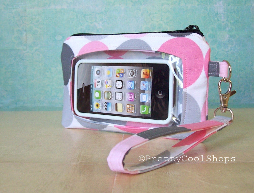 Touch Screen Wristlet, iphone wallet, cell phone wristlet, droid case, fabric phone case, touch screen pocket, disco dot