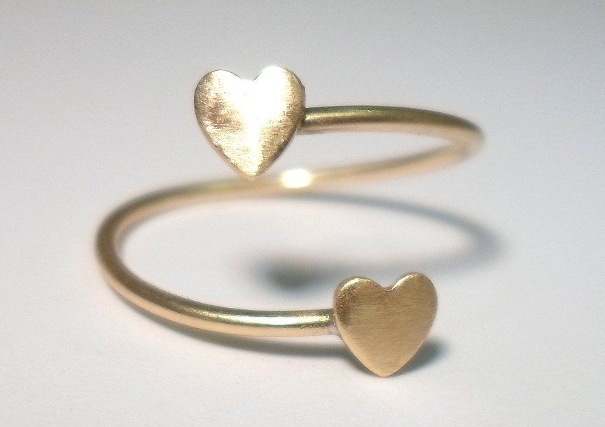 Double Heart Wrap Knuckle Ring -Layering Above the knuckle Gold Brass Stacking Ring