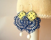 Blue Chandelier Earrings, Hand Painted, Blue and Yellow Earrings, Blue and White Earrings, Dangle, Filigree Earrings, Nautical, Gift for Her
