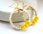 Yellow and White Earrings, Hoop, Daffodil Earrings, Beaded, Yellow Flower Earrings, Czech Glass Earrings, Wire Wrapped, Garden, Gift for Her