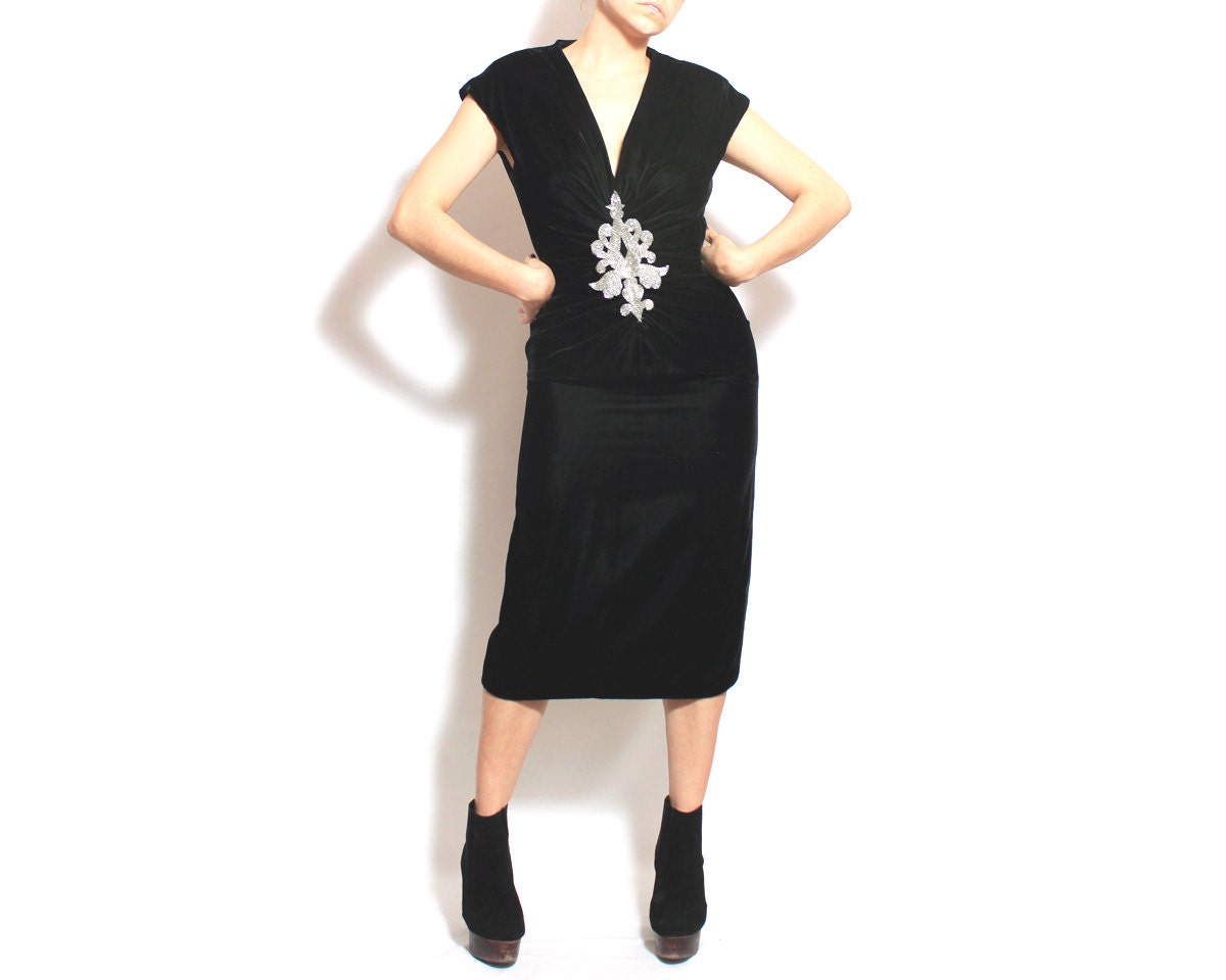 Vintage Black Dress In Velvet Prom Dress Cocktail Dress Sheath Dress - small sm
