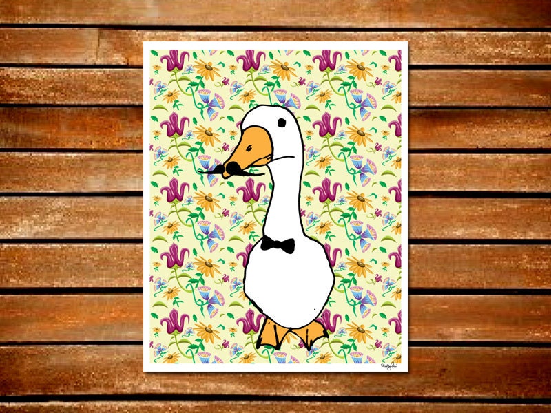 Illustrated Art Moustache Bird Floral Gentlemanly  Goose Art Print