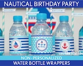 Nautical Birthday Party - Water Bottle Wrappers & Bonus: Straw Flags NonPersonalized Printable // Nautical - B23Ne
