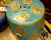 CHICAGO Pick-up ONLY / 18 1/2" High / Porcelain Garden Seat / Chinese Stool / Patio Furniture / Amazing Turquoise and Gold / ht68