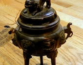 FATHERS DAY 20% SALE Black Iron Incense Burner Artifact, Censer, Chinese, Cultural Ethnicity / Iron Foo Dog Lid  /  et30