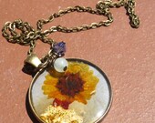 Yellow Dried Flower Mixed Media Resin Pendant With Chain