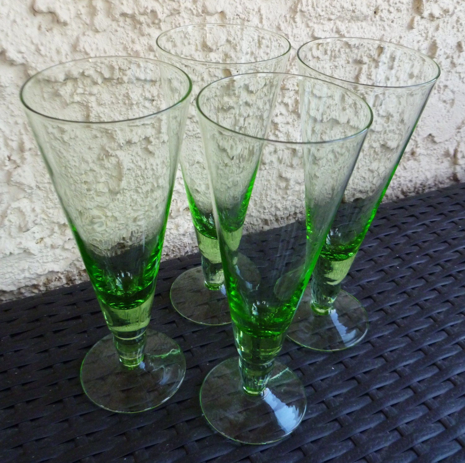 Tall Green Glass Drinking Glasses. Stemmed. Wine. Champagne. Pilsner. Set of 4. Depression Glass. Modern. Minimalist.