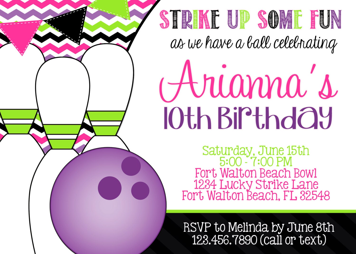 Bowling Purple Pink and Green 5x7 Invitation - Girl Birthday Party - PRINTABLE Il_170x135