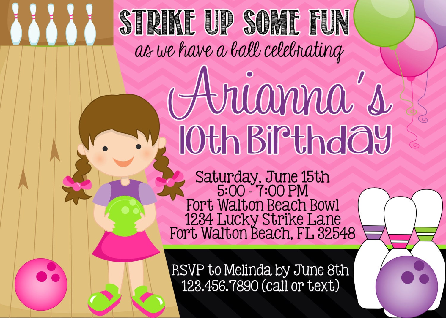 Bowling Purple Pink and Green 5x7 Invitation - Girl Birthday Party - PRINTABLE Il_170x135