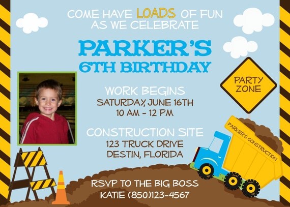 Construction Dump Truck 5x7 Photo Birthday Party Invitation - Boy Printable Il_570xn