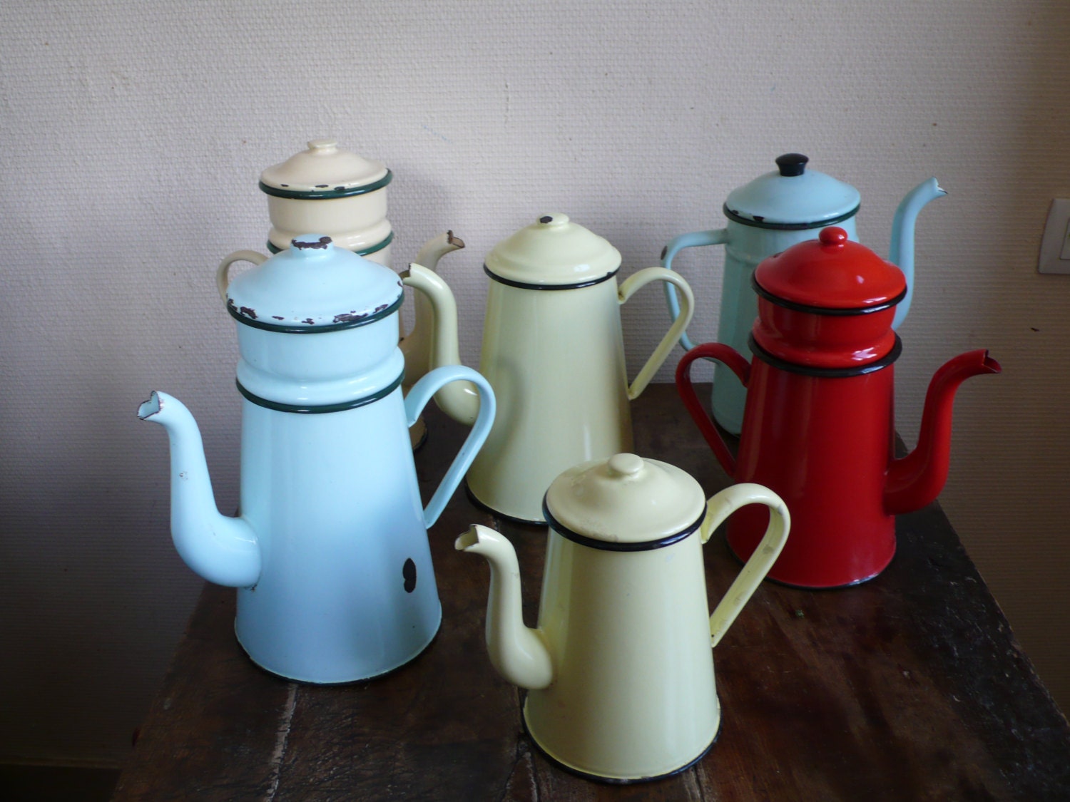 French vintage enamel coffee pot, biggin, red, yellow, green, lemon, shabby chic, french country home