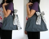 SALE Grey Canvas Bag with Ribbon / Tote /  Shoulder Bag / Handbag / Pleated Purse / Bridesmaid gift