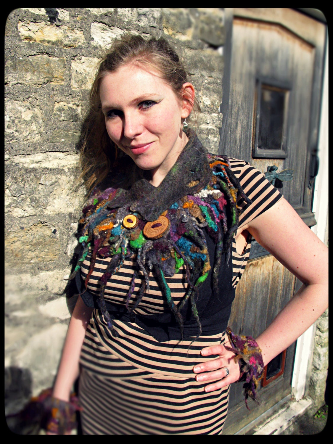 ARtWeAR Felted Collar - 'Eden' - nuno wool felt - hand dyed curls handmade tree buttons handspun art yarn  - bright colorful fibre - OOAK