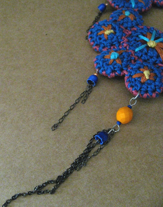 Folk Crochet Tribal Necklace electric blue orange pink yellow embroidered spring