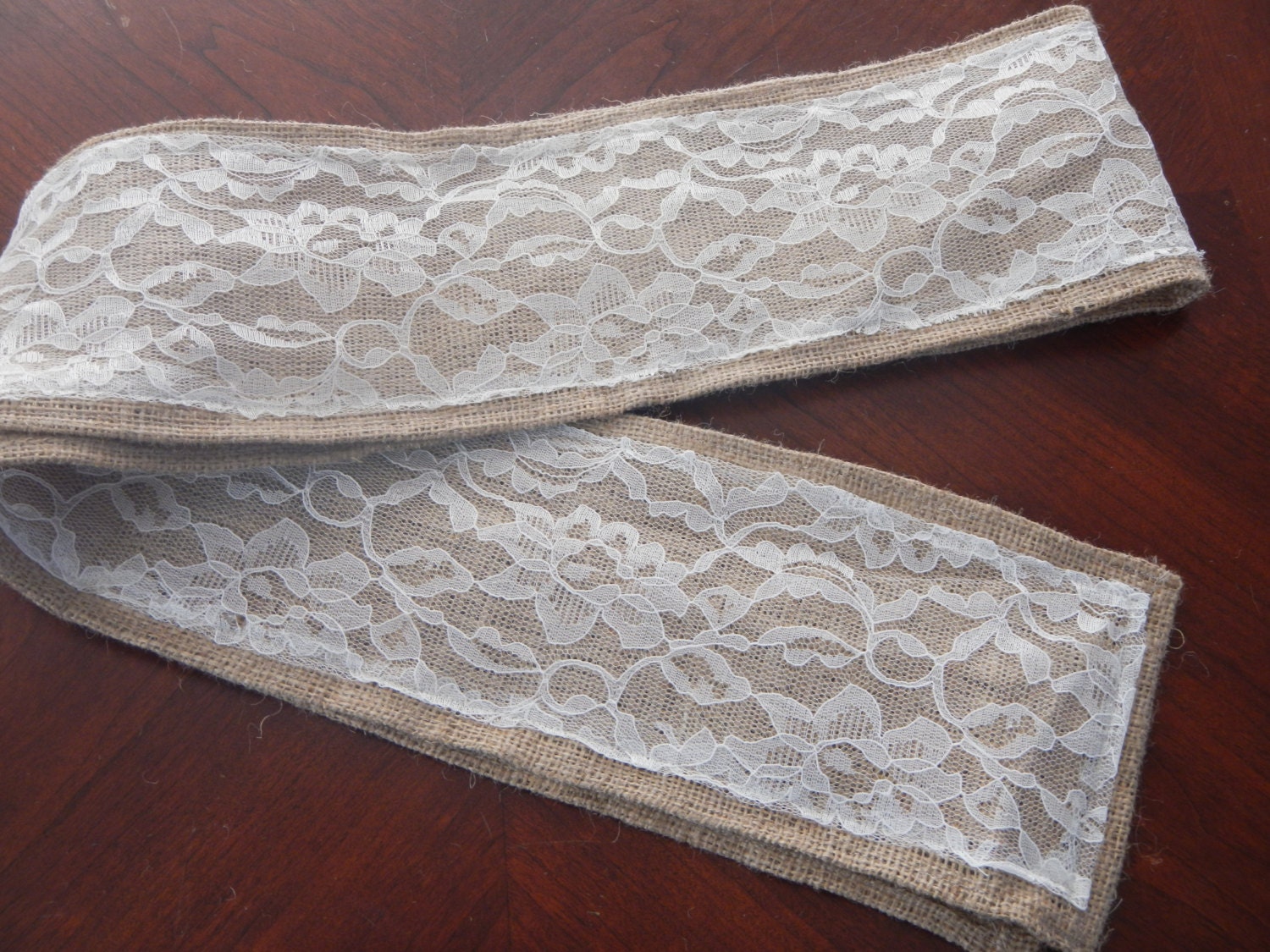 Burlap and Lace, Narrow Runner, Chair Wrap, Decoration, Wedding, Party, Shower, Home Decor