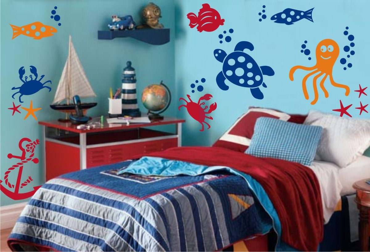 UNDER THE SEA wall decals - Ocean theme - fish, crabs, octopus, turtle, anchor - (4 colors)