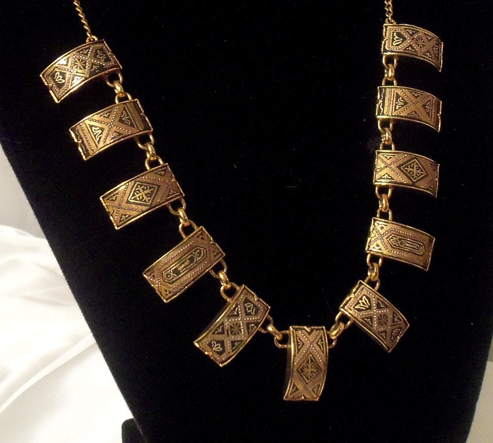 Etched Vintage choker, 1960s Gold tile charm necklace, Black Etched details, Very unique necklace from Spain.