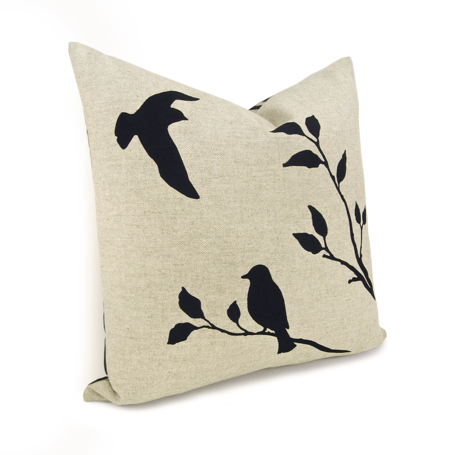Love birds pillow case, 16x16 pillow cover, Shabby chic home decor - Black birds in nature print on natural beige canvas and geometric back