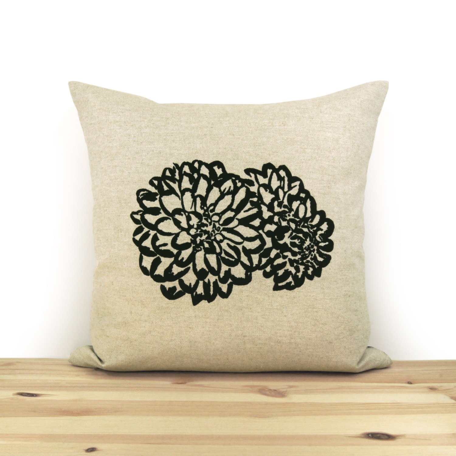 16x16 floral pillow cover - Geometric pillow - Nature Art - Decorative flower pillow in black and natural beige