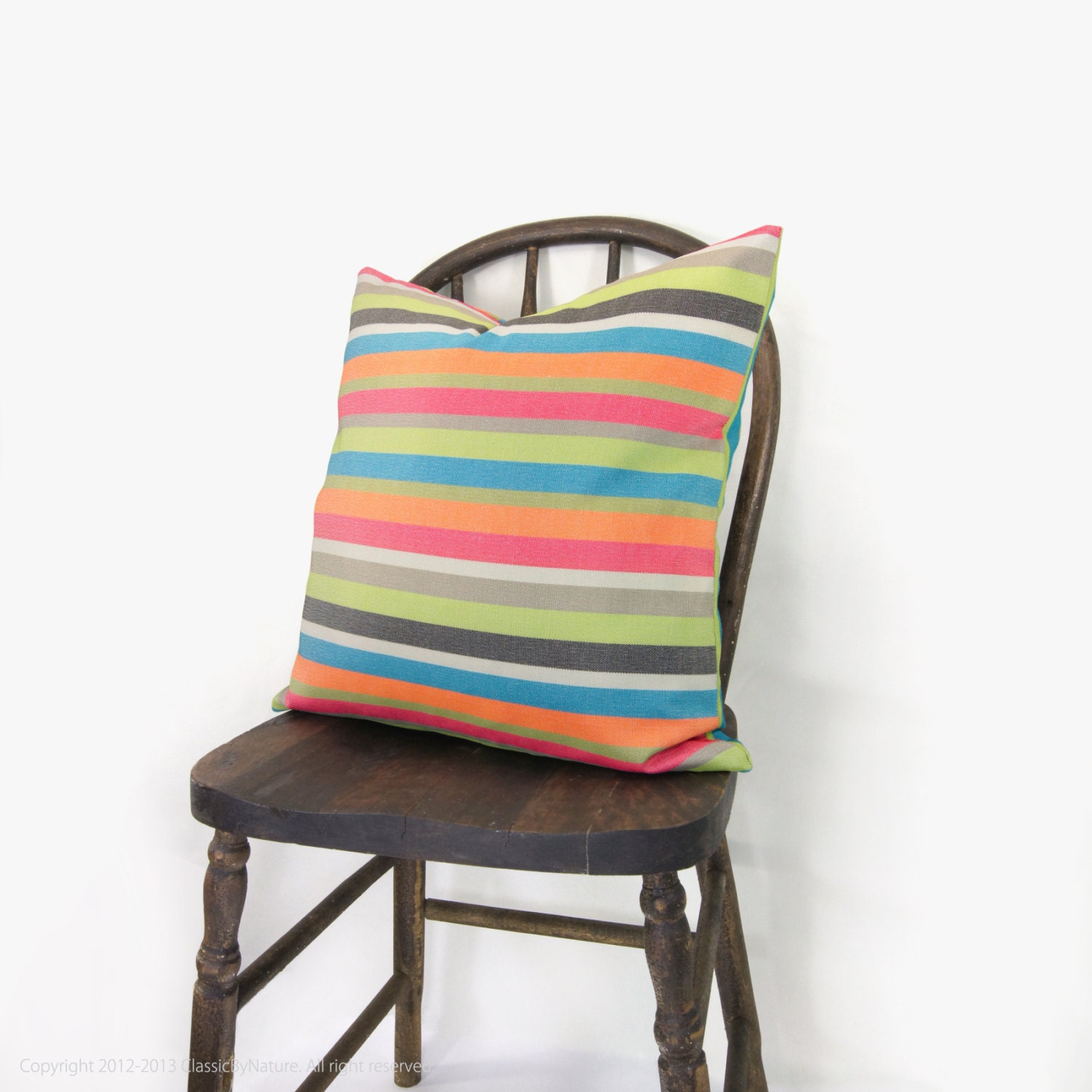 Outdoor pillow cover - Orange, fuchsia, green, gray, turquoise & black striped outdoor cushion cover - 18x18 accent pillow cover