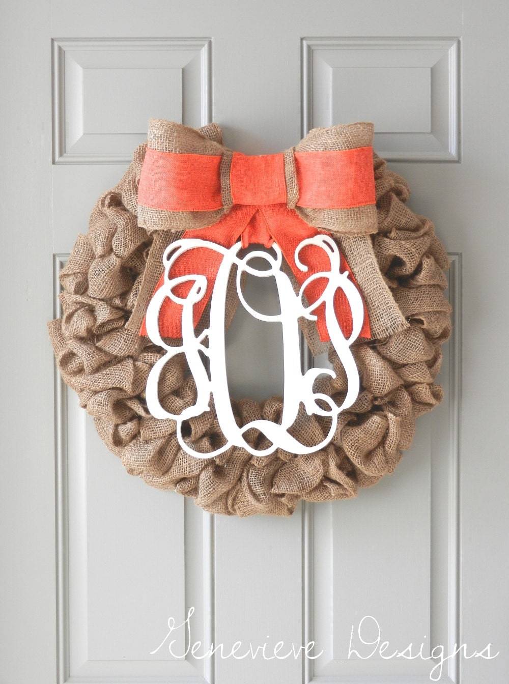 Burlap Wreath - Monogram & Orange Bow - Wedding Gift, Baby Wreath, Front Door Wreath, Auburn, Initial Wreath, University of Texas Wreath