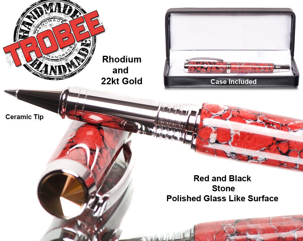 Best quality writing pen, rollerball with red, black, and white stone. Comes with a gift case