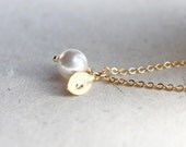 White Pearl with personalized initial gold leaf Necklace - S2313-2