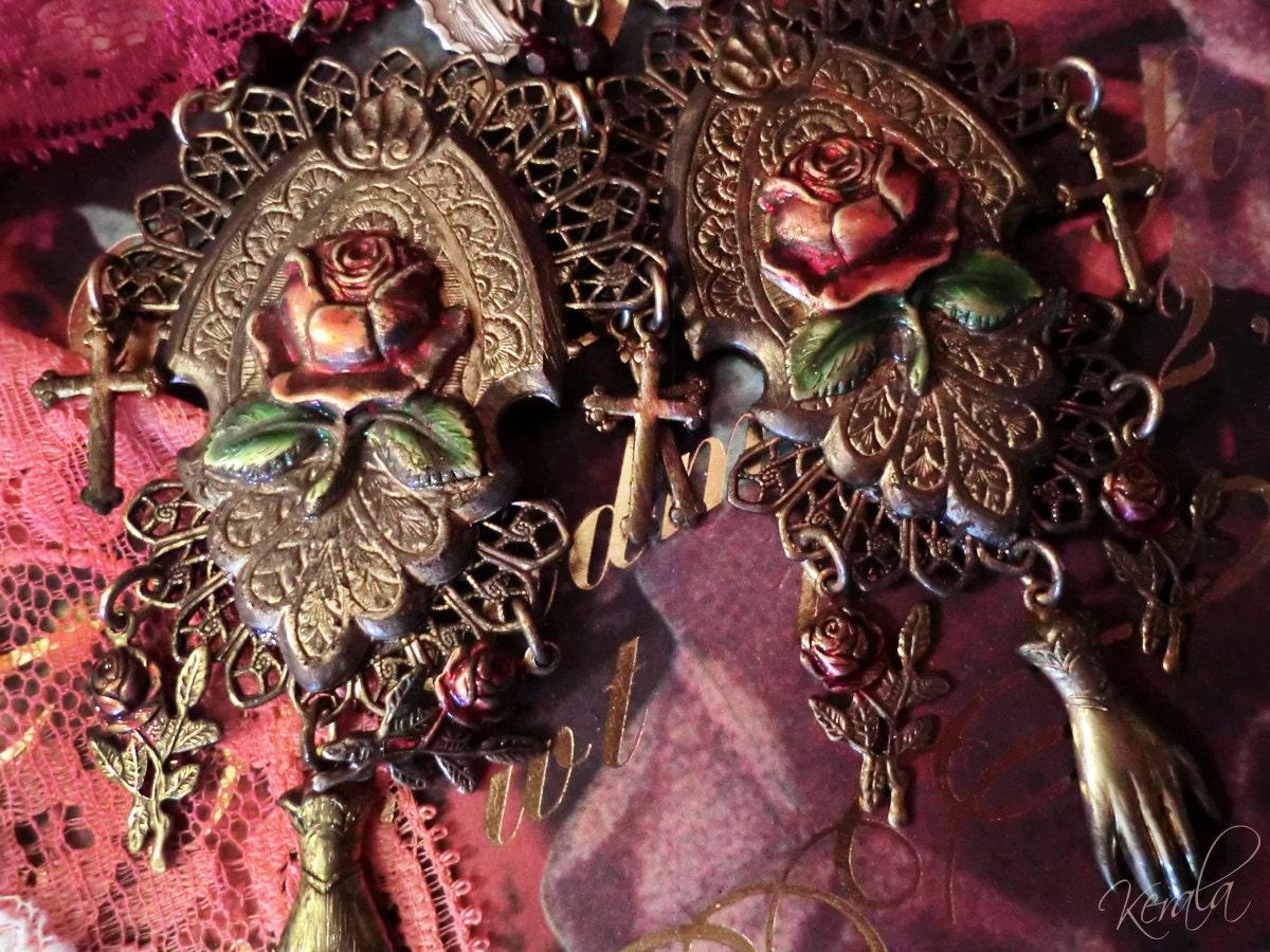 Renaissance Vintage Rosary Virgin Mary Chandelier Earrings- Red Roses, and Crosses, Antique, Religious, Sacred Medallion