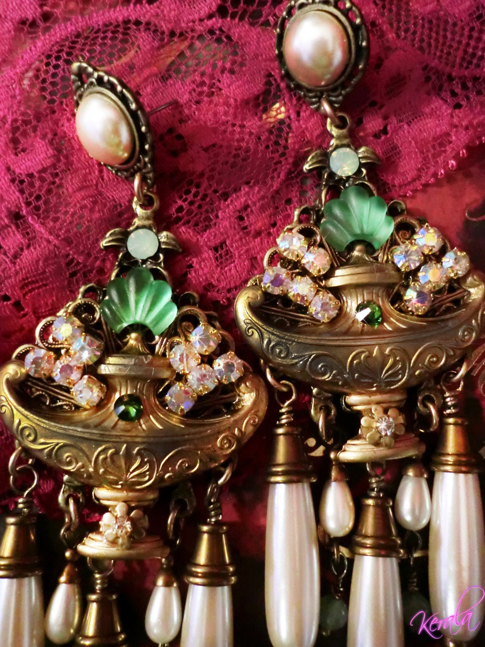 Morrocan Mint Green Crystal and Pearl , Art Deco, Large and Exotic, Bohemian Victorian, Edwardian - Genie Lamp, Greek Vase- MTO