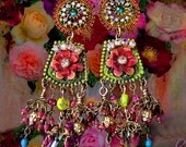 Colorful East Indian Flower Earrings- Exotic Hand-Painted,  Fluorescent Floral Chandelier Earrings- Jhumka Earrings, Bollywood- MTO
