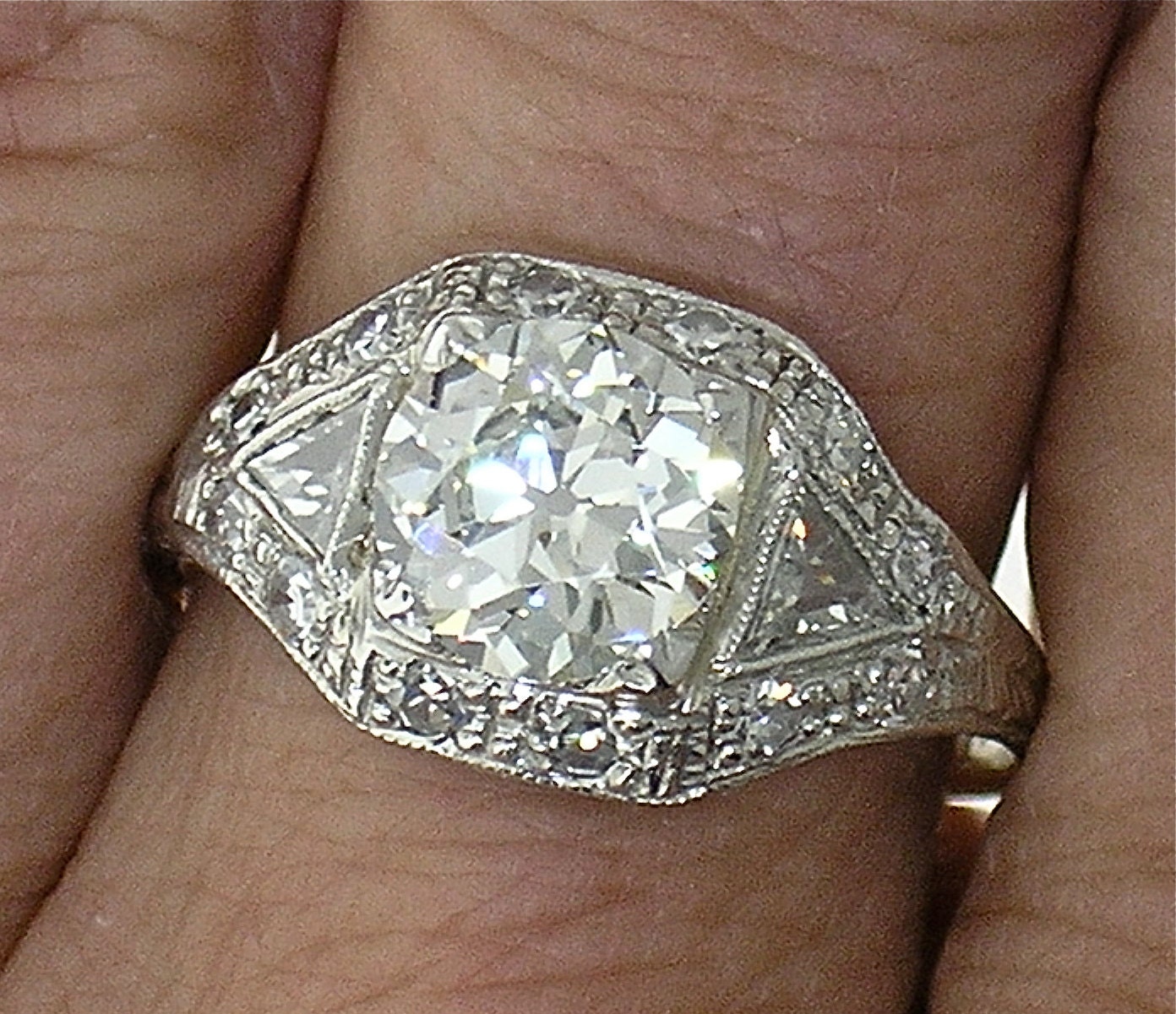 Platinum Art Deco 1.52ct European Cut center (K color SI1 clarity) Ring EGL Cert