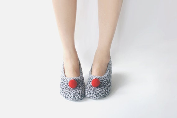 Grey Crochet Slippers with Red Felted Pompoms