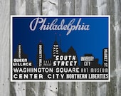 Philadelphia Skyline Poster. Philly Typography Print. City Art Print. Night Time. 12x18