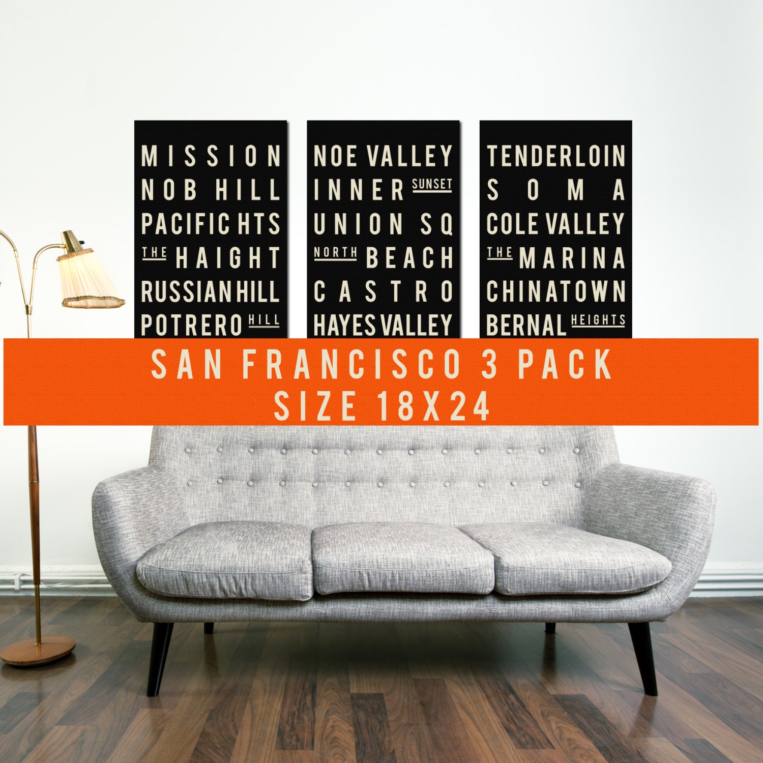 San Francisco Art. Neighborhood Poster. Wall Art. Typography Print. Giclee. Subway Sign Style. Set of 3 - 18x24