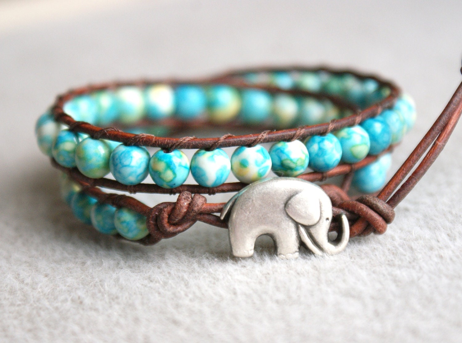 Turquoise Howlite Boho beaded leather wrap bracelet, 2x Wrap, Good Luck elephant, Chan Luu style, blue, green, white, yellow