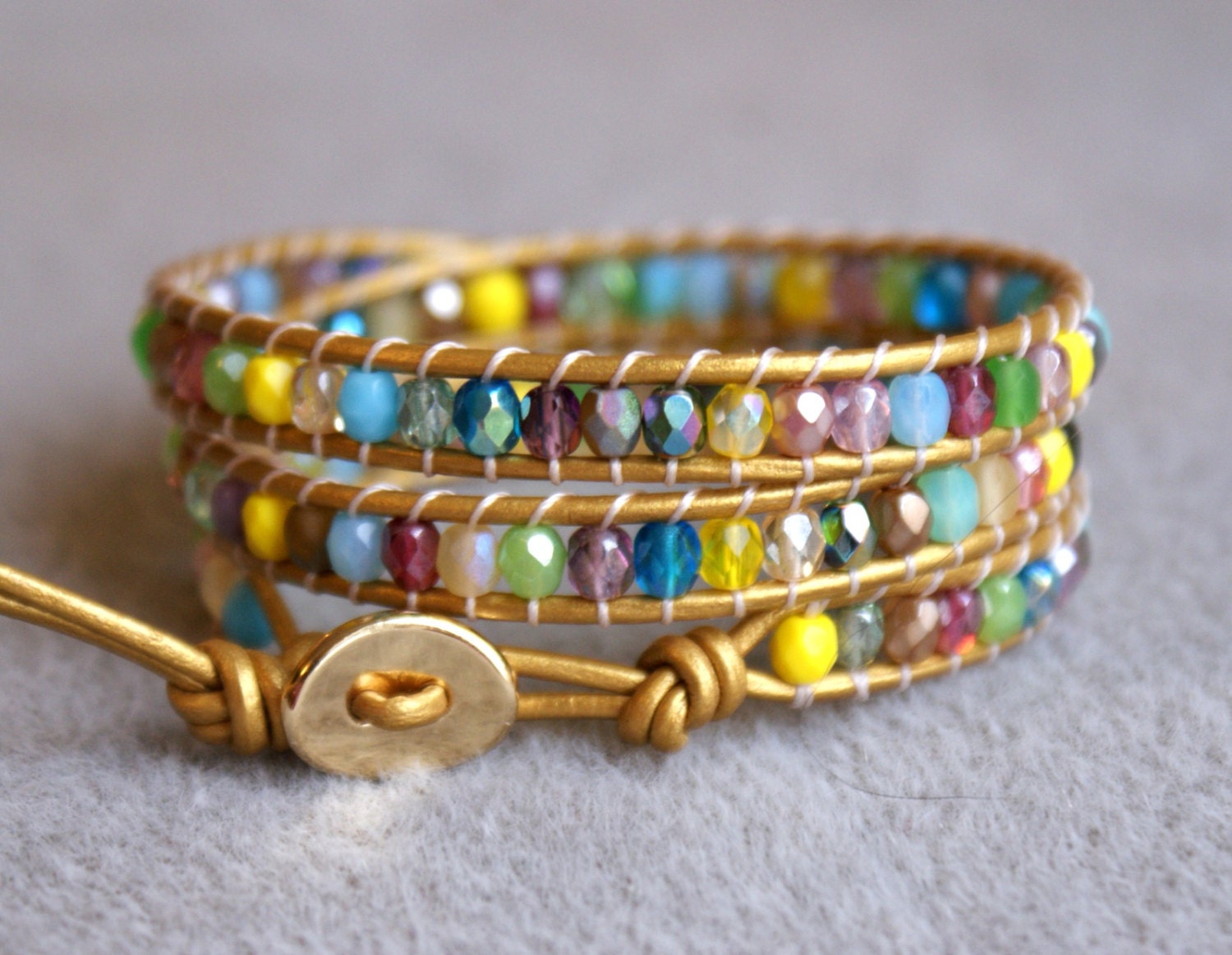 Golden Boho beaded leather wrap bracelet 3x Chan Luu, yellow, blue, green, gold, bohemian trendy jewelry, cottage shabby chic, multicolor