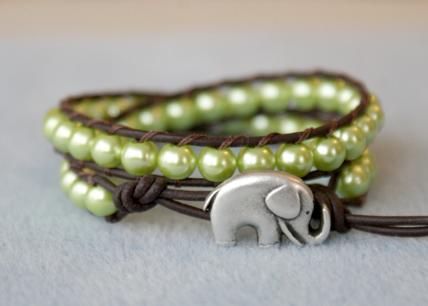 Lime Pearl bohemian beaded leather wrap bracelet, 2x wrap, Chan Luu Style, green, good luck elephant, Faux, trendy