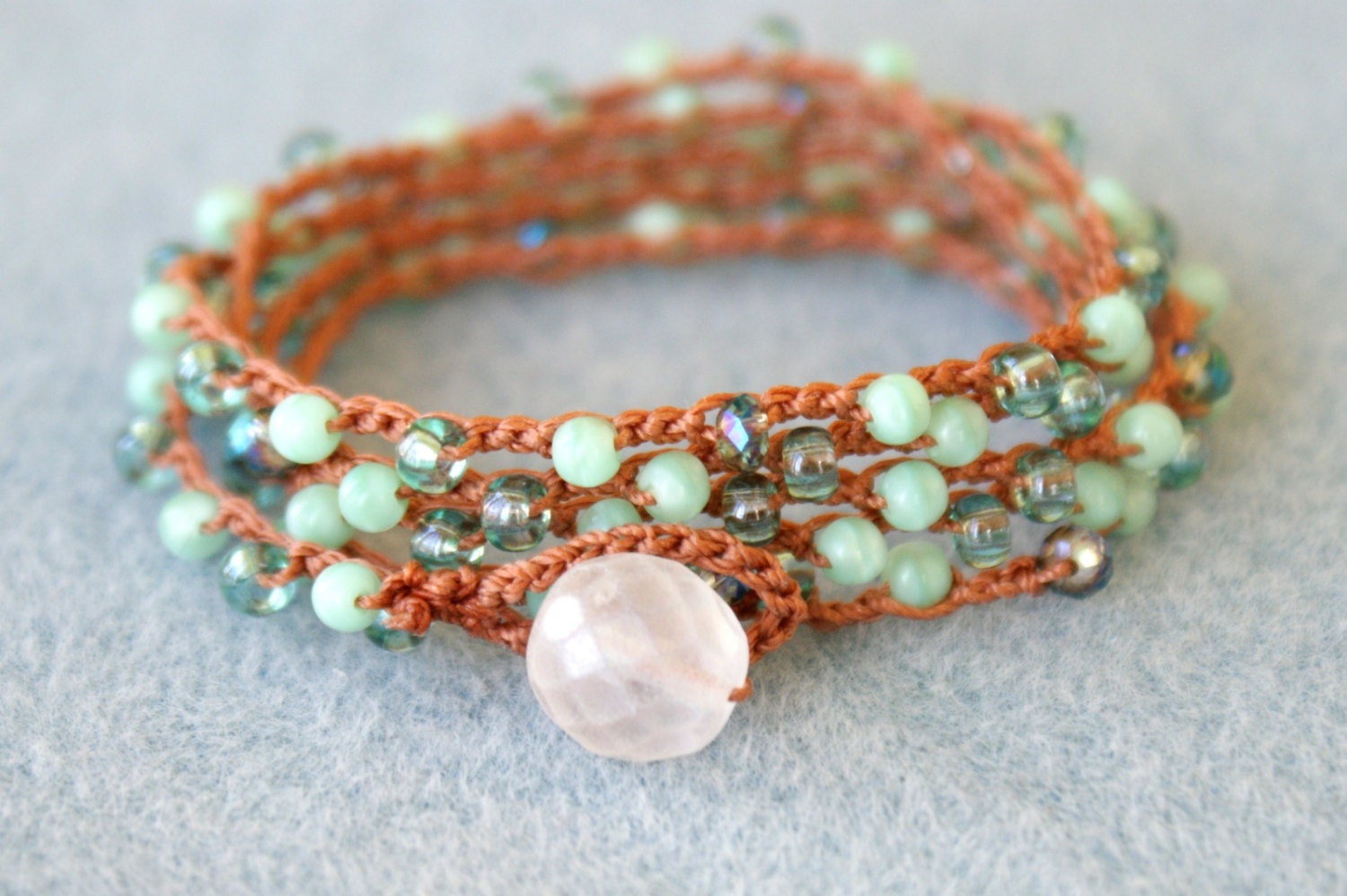 Cool Mint Crochet Bohemian wrap bracelet, long necklace, lariat, green, blue, boho trendy jewelry, glam, shabby chic, OOAK