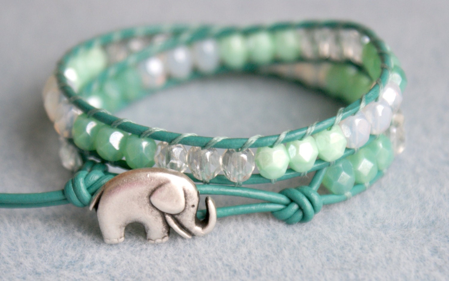 Cool Crystal Mint Bohemian beaded leather wrap, 2x bracelet, boho chic, Good Luck elephant, pearl, green, lime, hipster, trendy